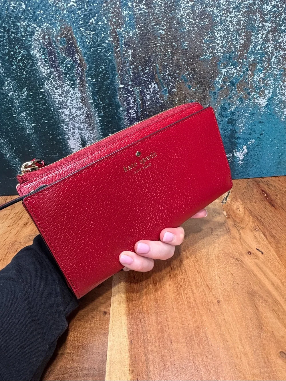 Kate Spade Classic Red Pebbled Leather Double Zip Wristlet Wallet